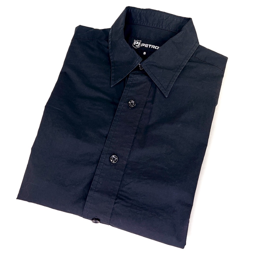 Embroidered Black Men's Button-Front Vintage Shirt with Blue Rhinestone Studs